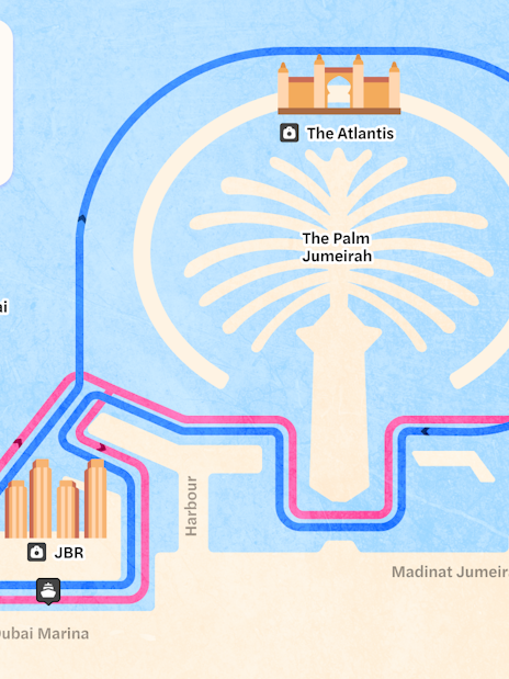 Cruise routes from Dubai Marina to Palm Jumeirah, Atlantis, Ain Dubai, and Burj Al Arab.