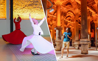 Whirling Dervishes performing in Sultanahmet, Istanbul and visitor in Basilica Cistern.