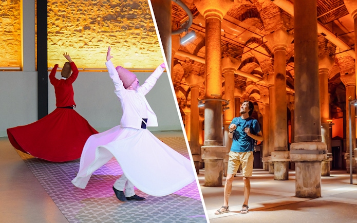 Whirling Dervishes performing in Sultanahmet, Istanbul and visitor in Basilica Cistern.