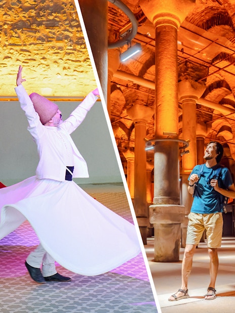 Whirling Dervishes performing in Sultanahmet, Istanbul and visitor in Basilica Cistern.