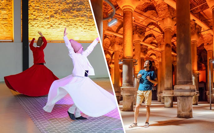 Whirling Dervishes performing in Sultanahmet, Istanbul and visitor in Basilica Cistern.