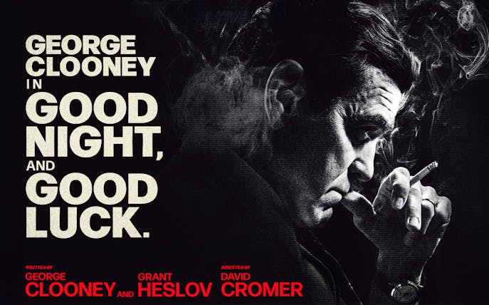 Monochrome image of a man smoking, text reads 'Good Night, and Good Luck.'