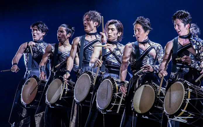 Performers playing traditional drums at DRUM TAO Theater in Kyoto.