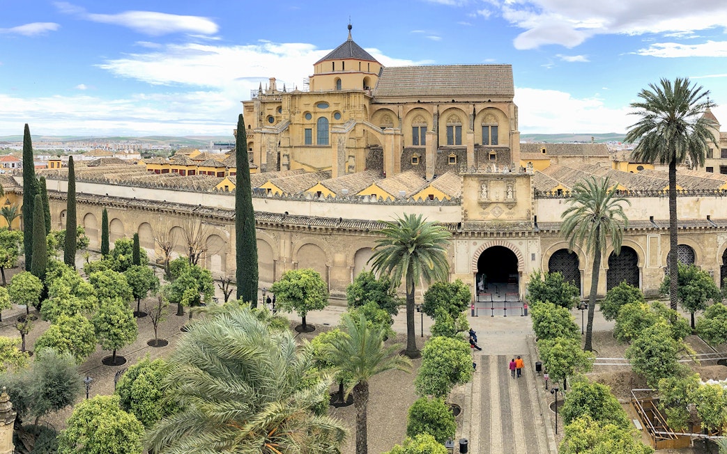 Córdoba Cathedral-Mosque entrance with courtyard and palm trees.