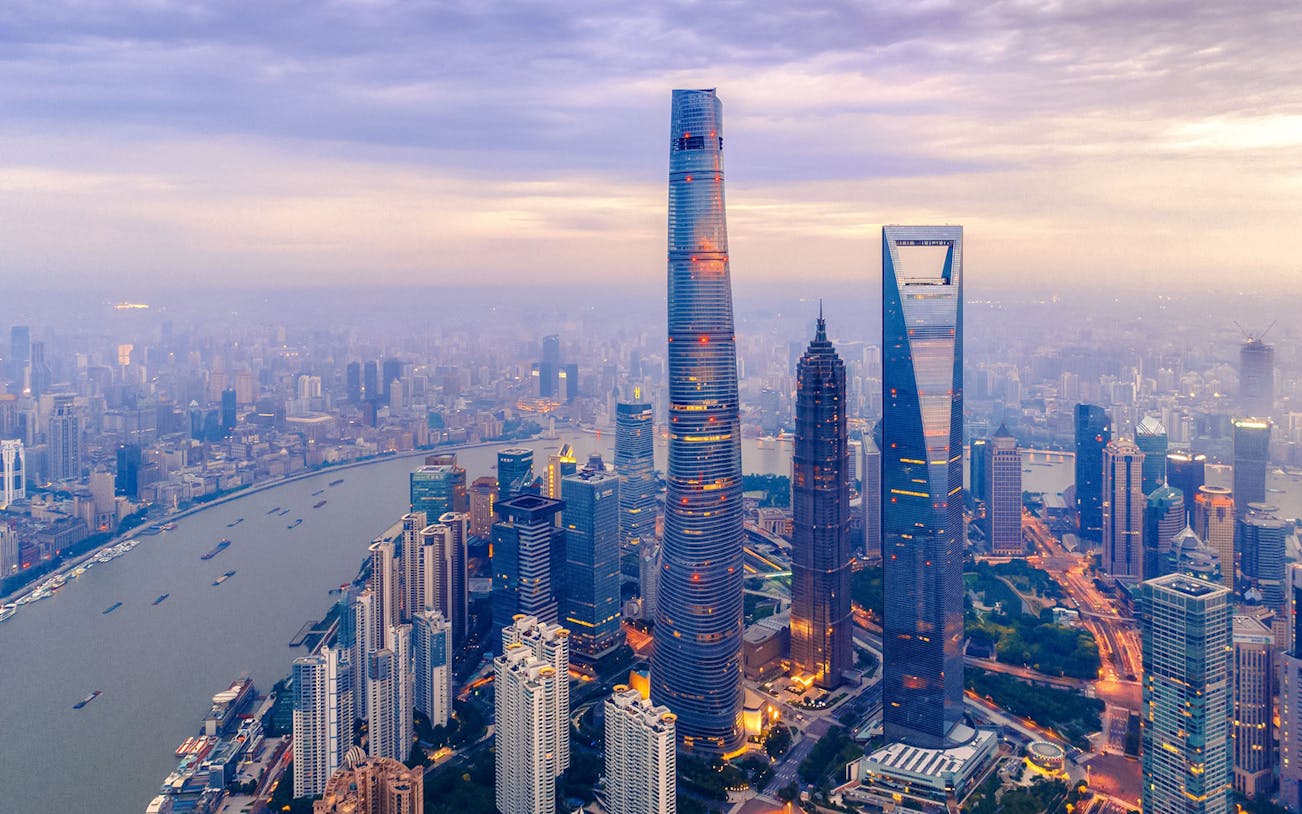 Shanghai Tower and Lujiazui skyline at sunrise, Shanghai.