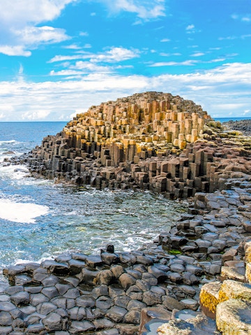 Giant's Causeway basalt columns by the sea, a UNESCO heritage site in Northern Ireland.