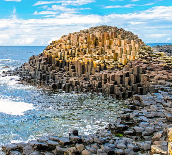 Giant's Causeway basalt columns by the sea, a UNESCO heritage site in Northern Ireland.