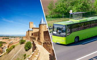 Carcassonne Castle with a tour bus on a nearby road.