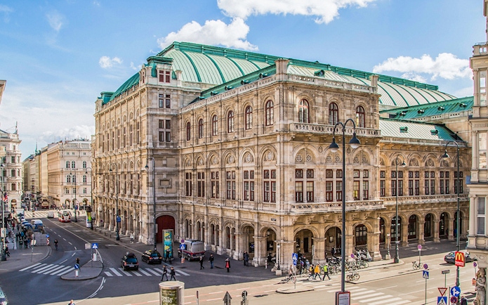 Vienna State Opera exterior with green roof and ornate facade, Austria.