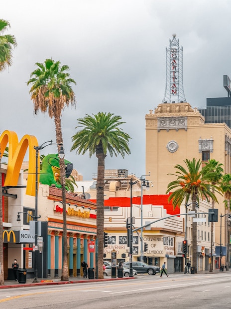 TMZ tour bus on Hollywood Boulevard near El Capitan Theatre, Los Angeles.