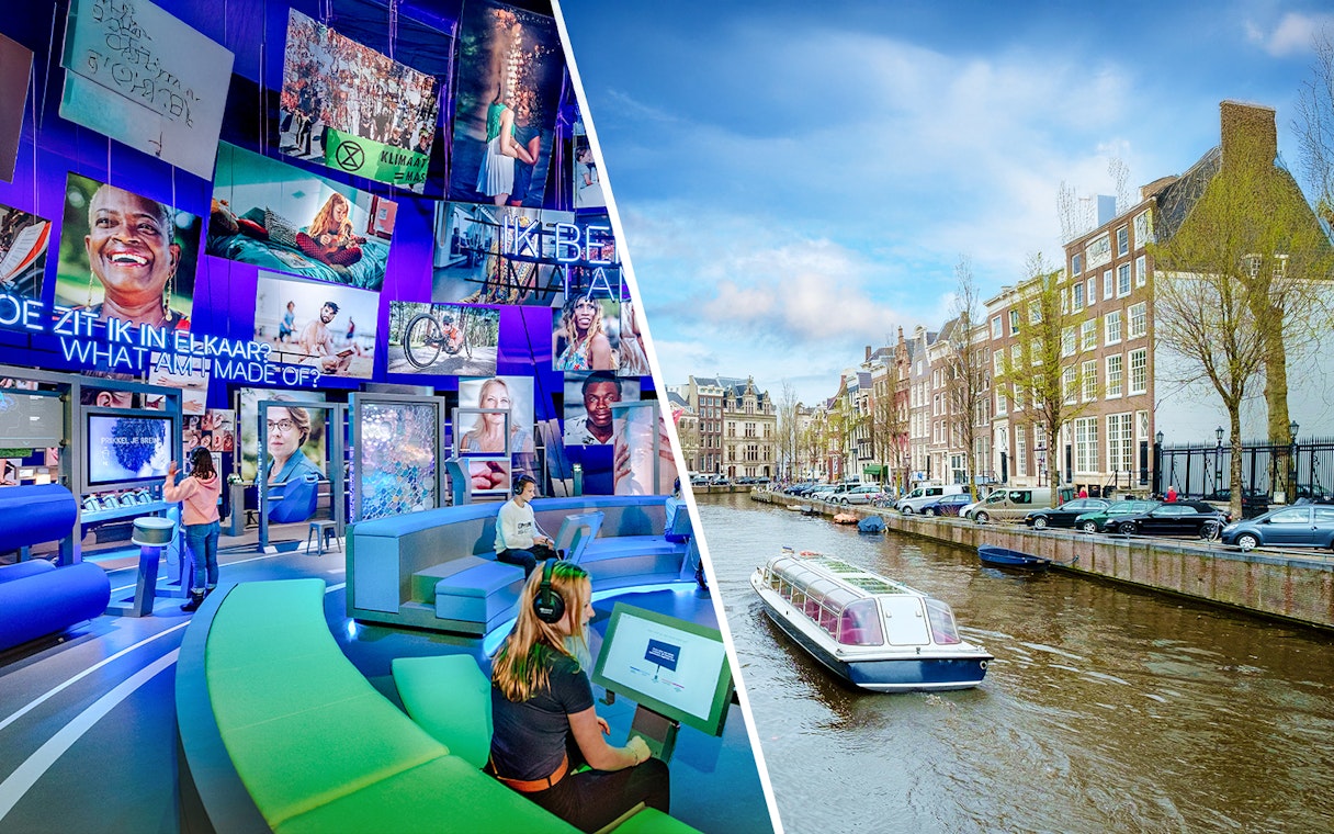 NEMO Science Museum interactive exhibit and Amsterdam canal with boat.