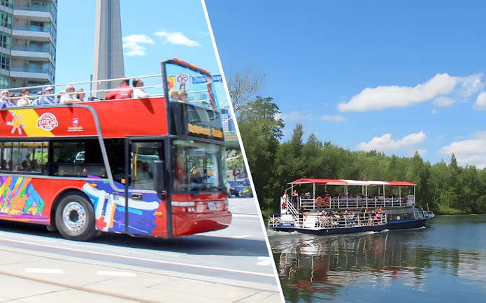 Cruise boat on Toronto Harbour with passengers viewing lush green islands.