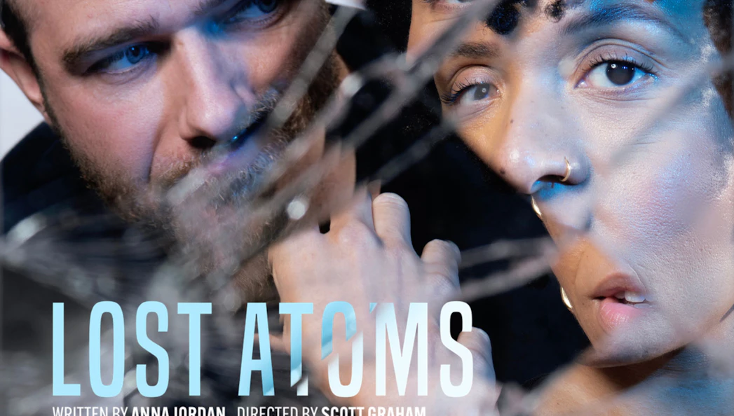 Lost Atoms London poster with two faces reflected in broken glass