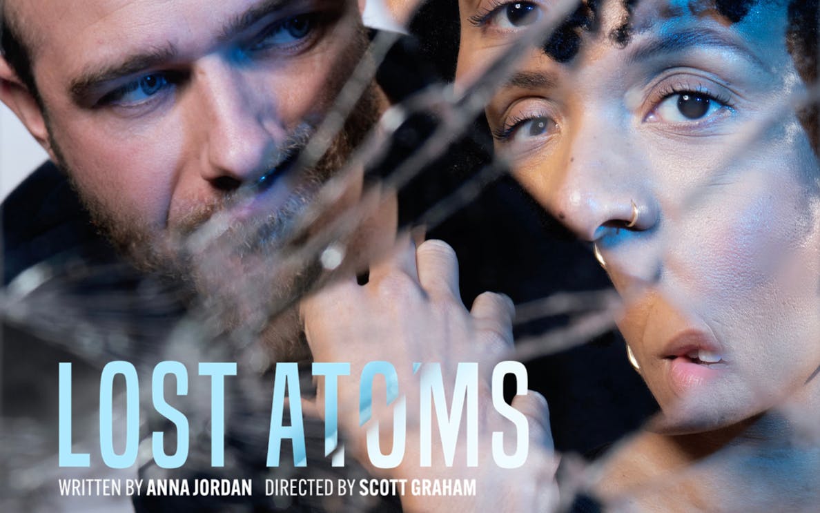 Lost Atoms London poster with two faces reflected in broken glass