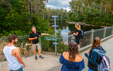 Guide explaining Huon River view to tourists on Tahune Airwalk tour.