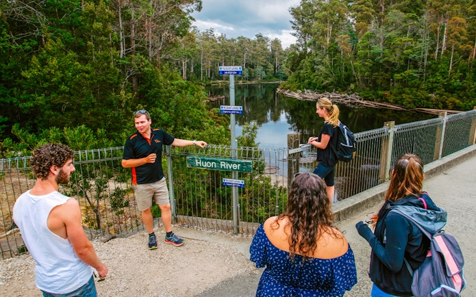 Guide explaining Huon River view to tourists on Tahune Airwalk tour.