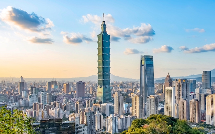 Taipei 101 towering over Taipei cityscape, view from observatory.
