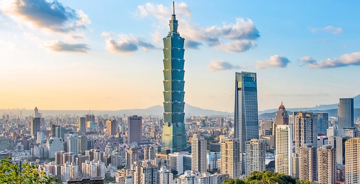Taipei 101 towering over Taipei cityscape, view from observatory.