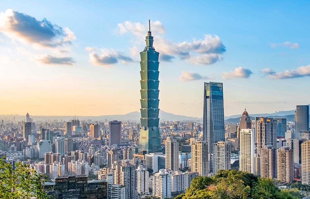 Taipei 101 towering over Taipei cityscape, view from observatory.
