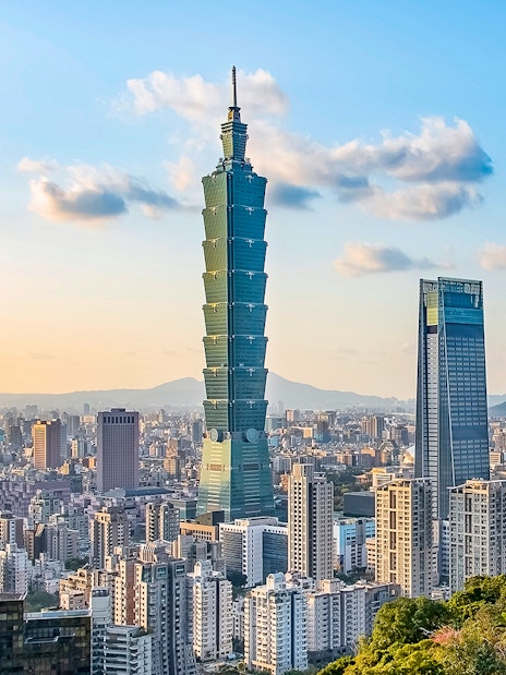 Taipei 101 towering over Taipei cityscape, view from observatory.