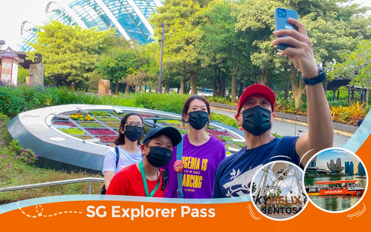 Group taking selfie at Gardens by the Bay, Singapore, with SG Explorer Pass.