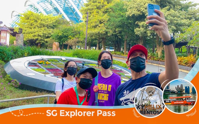 Group taking selfie at Gardens by the Bay, Singapore, with SG Explorer Pass.