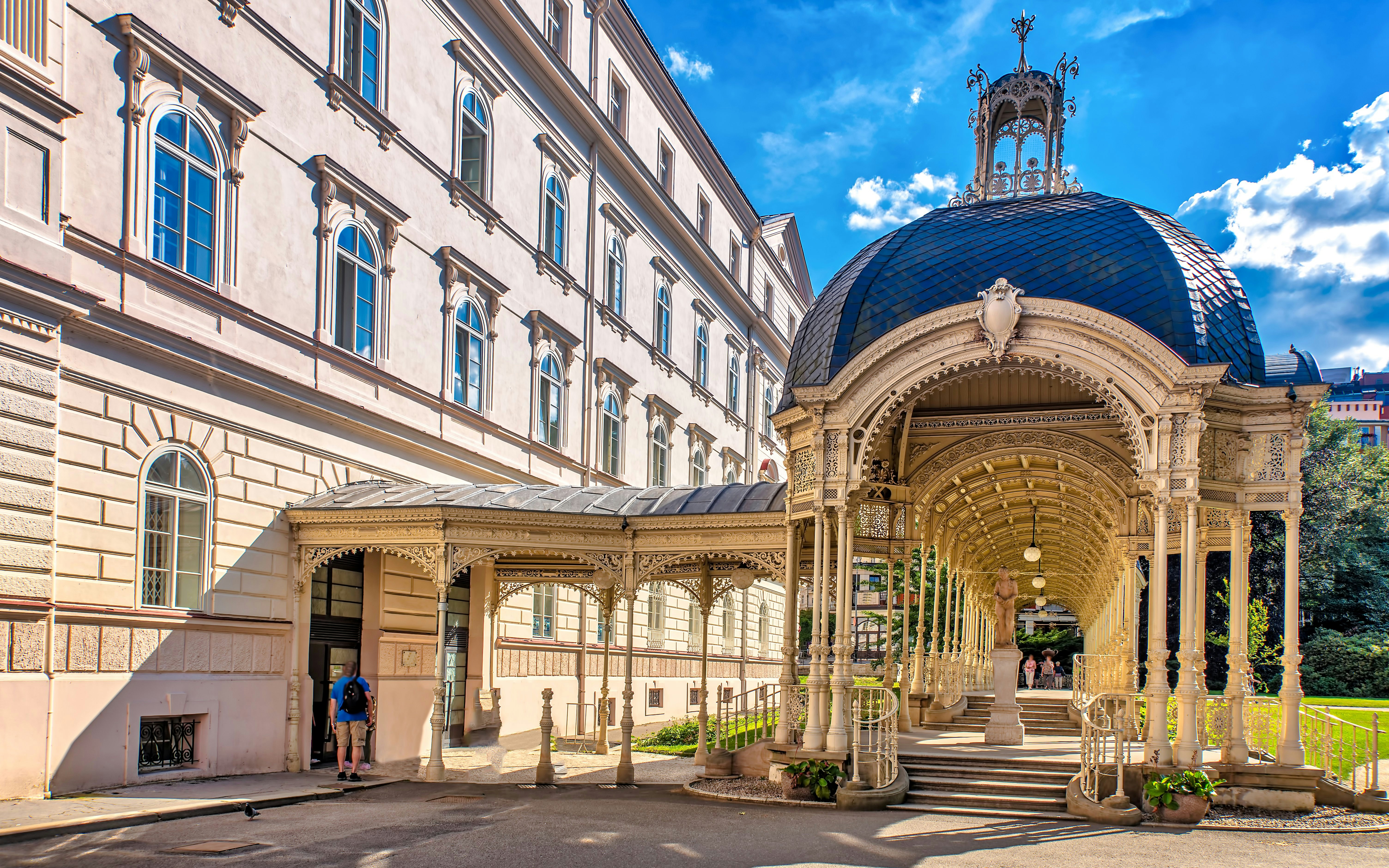 Park Colonnade in Karlovy Vary with ornate architecture and a domed roof.