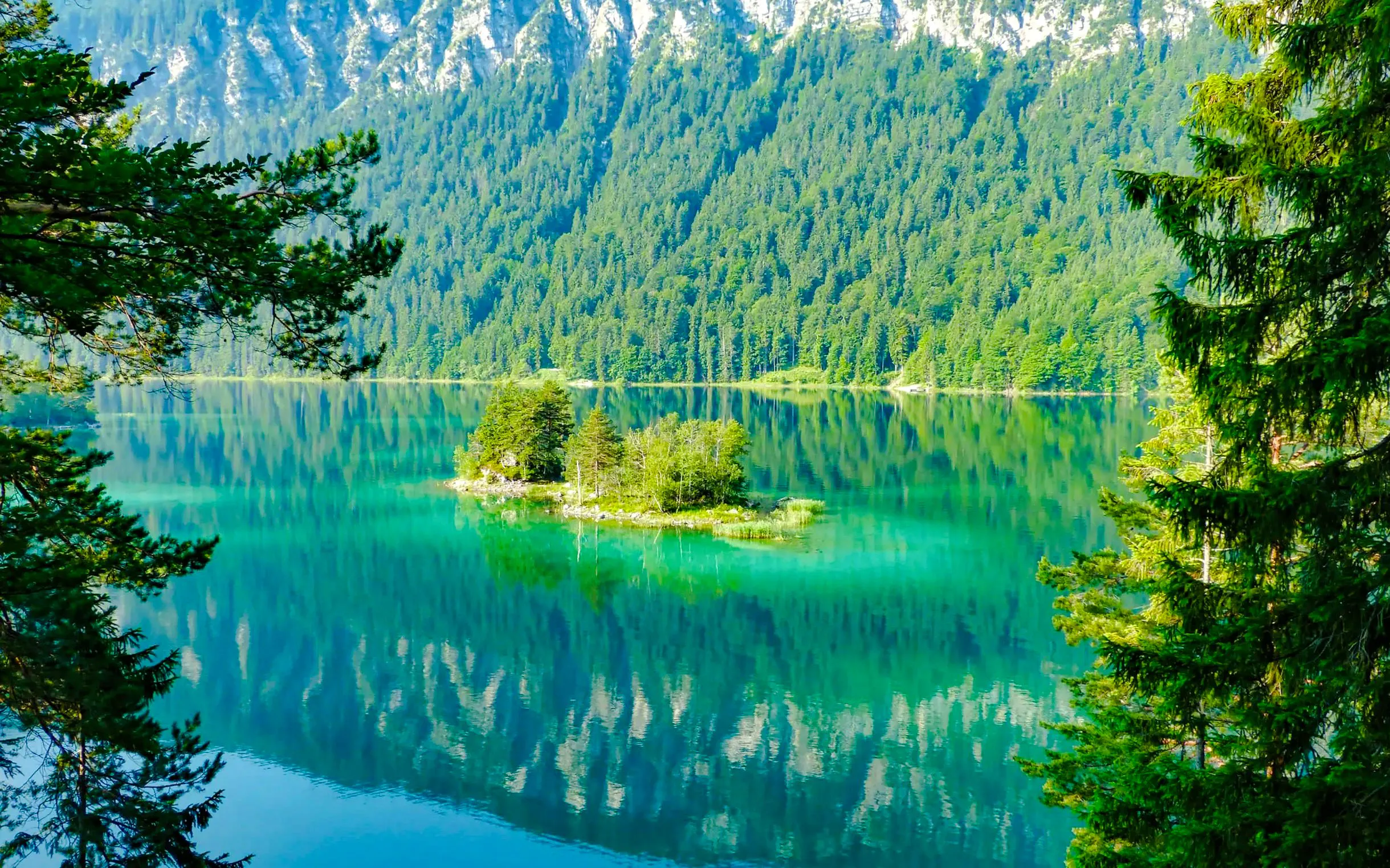 Alpsee island surrounded by clear water and forested mountains.