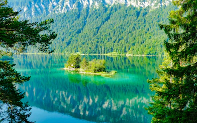 Alpsee island surrounded by clear water and forested mountains.