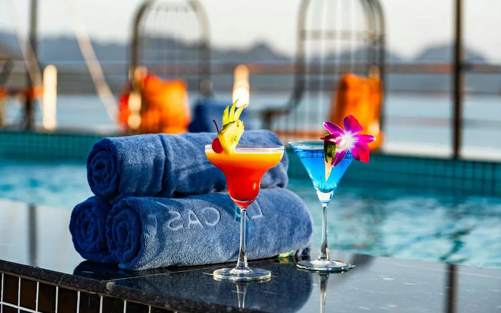 Cocktails by the pool on La Casta Day Cruise, Ha Long Bay.