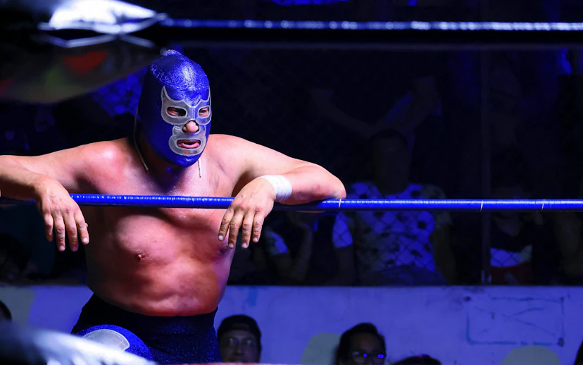 Wrestler in blue mask at Lucha Libre Arena Mexico.