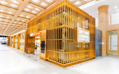Entrance of Skyhub Lounge at Gimpo International Airport, Terminal 1, featuring modern design.