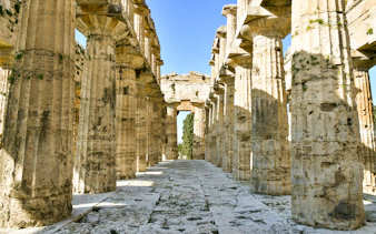 Ancient stone columns in the Archaeological Park of Paestum, Italy.