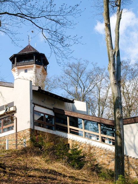 Lookout tower Diana surrounded by trees in Karlovy Vary.