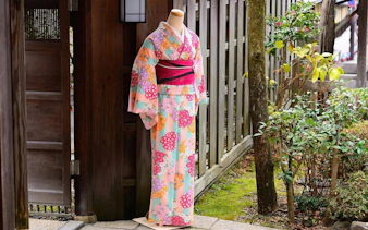 Kimono on display in a traditional Kyoto setting, Japan.
