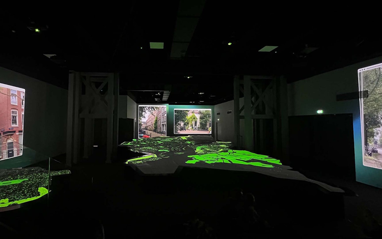 Interactive digital map display at Amsterdam in Motion exhibit.