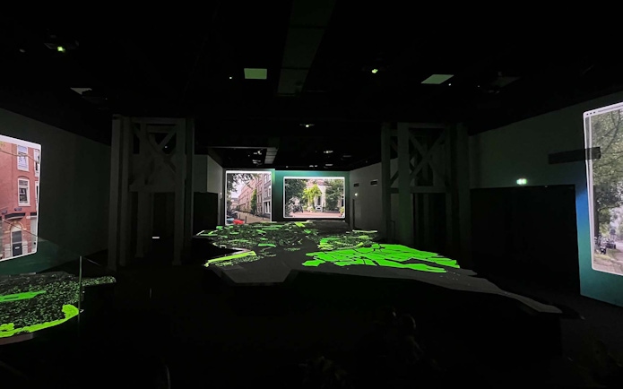 Interactive digital map display at Amsterdam in Motion exhibit.