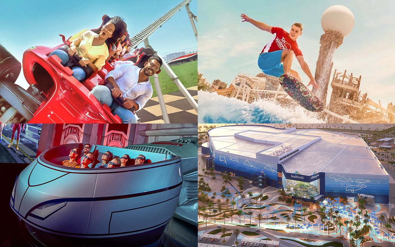 Roller coaster, water park surfing, indoor ride, and SeaWorld at Yas Island theme parks.