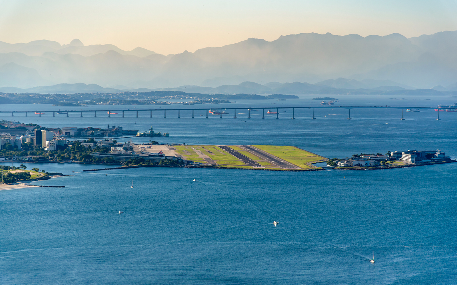 Santos Dumont Airport and Fiscal Island view from speedboat tour in Rio de Janeiro.