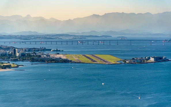 Santos Dumont Airport and Fiscal Island view from speedboat tour in Rio de Janeiro.