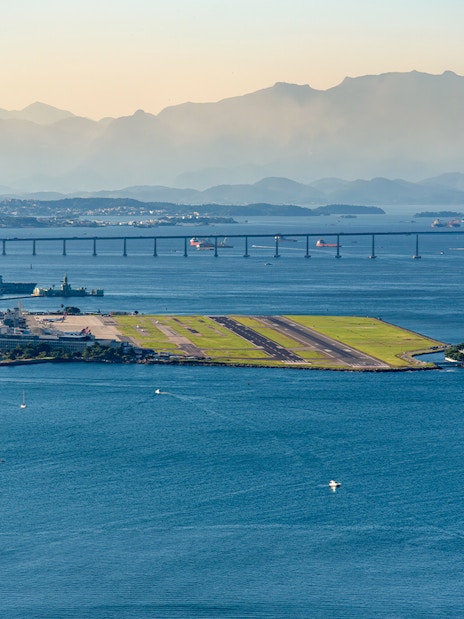 Santos Dumont Airport and Fiscal Island view from speedboat tour in Rio de Janeiro.