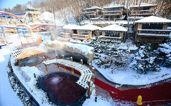 Snow-covered cottages and hot springs at Vivaldi Park Ski Resort.