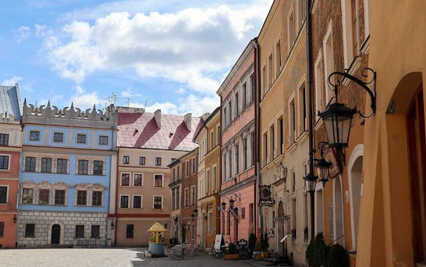 Colorful historic buildings in Lublin's Old Town, Poland, seen on a guided tour from Warsaw.