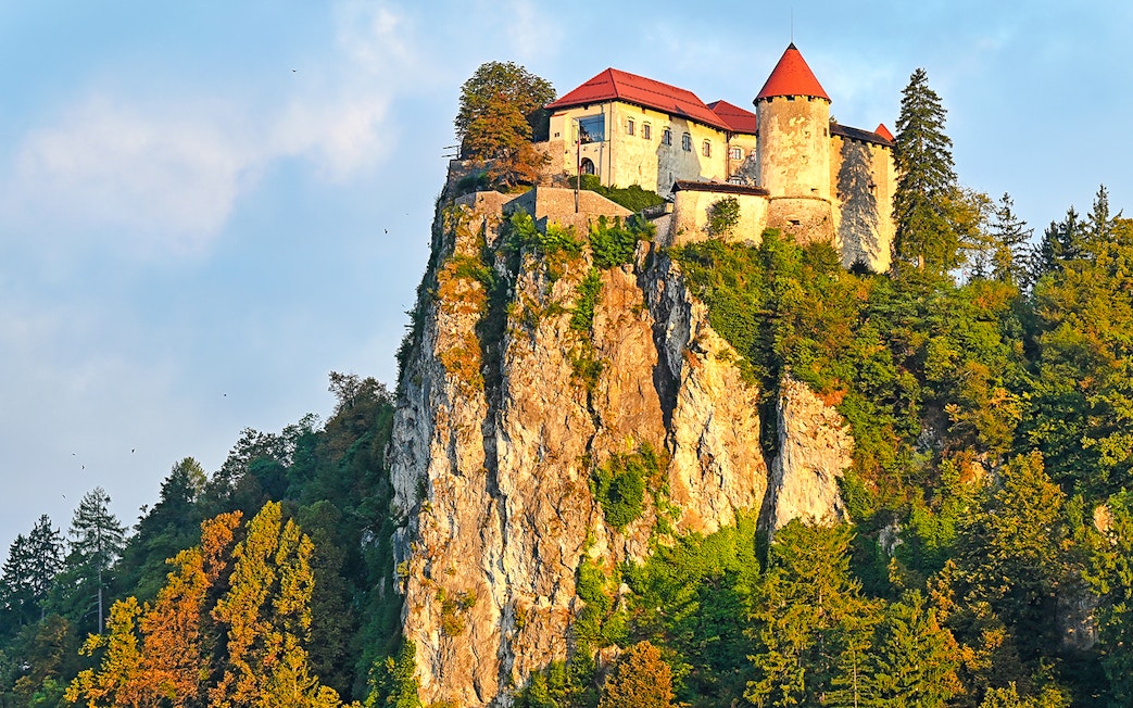 Bled Castle perched on a cliff surrounded by trees in Slovenia.