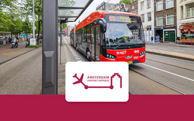 Amsterdam Airport Express bus at a city stop, connecting Schiphol Airport and Elandsgracht.
