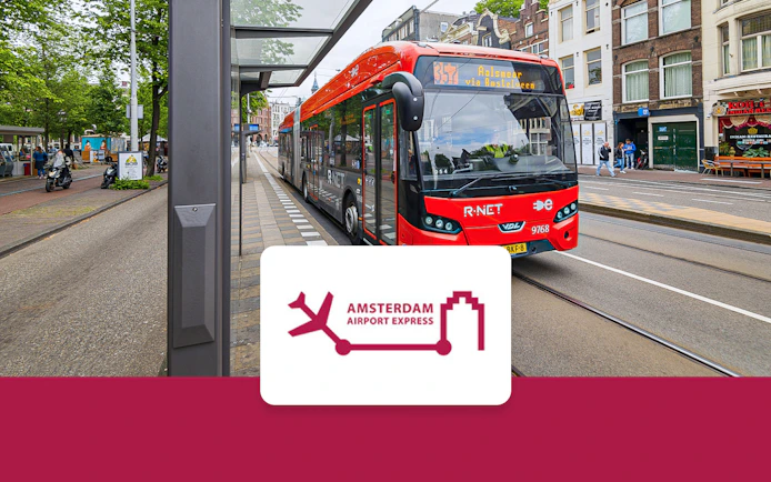 Amsterdam Airport Express bus at a city stop, connecting Schiphol Airport and Elandsgracht.