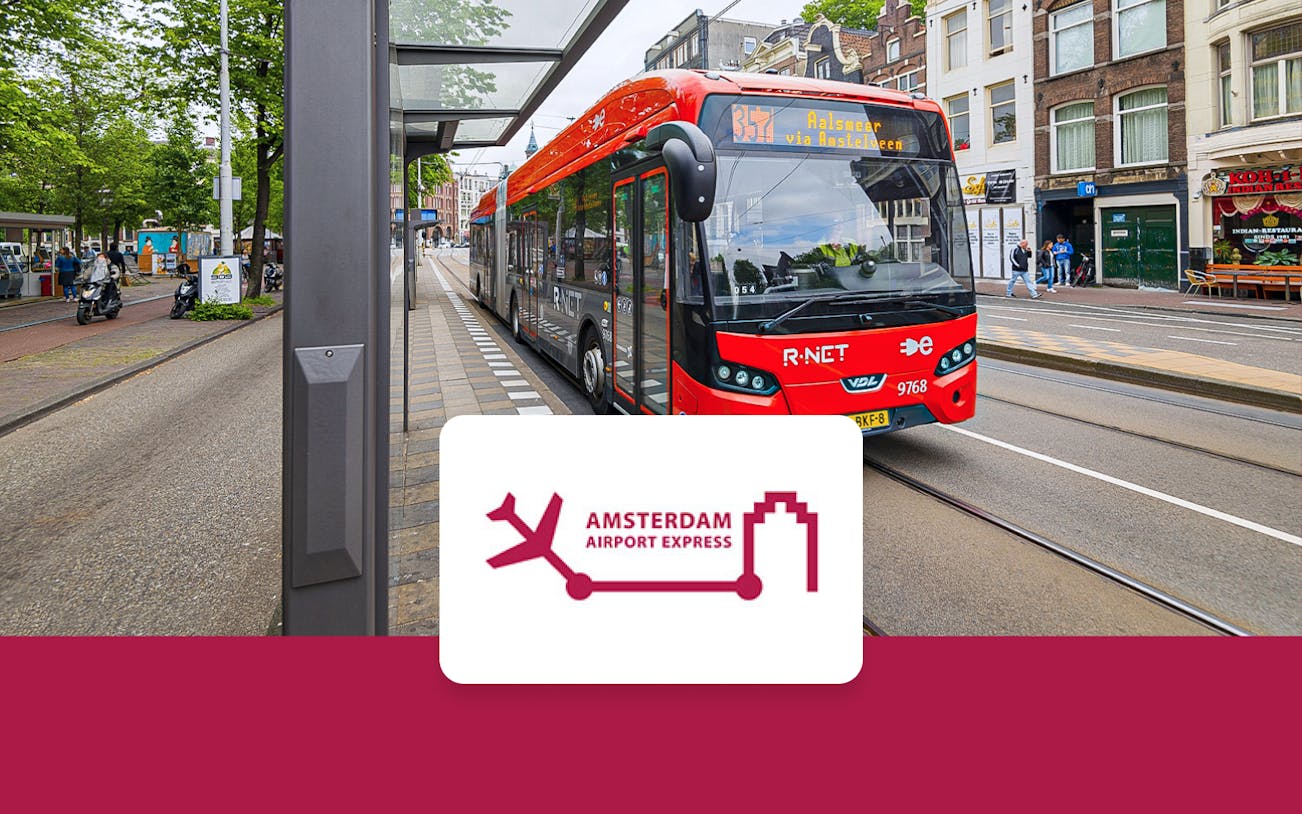 Amsterdam Airport Express bus at a city stop, connecting Schiphol Airport and Elandsgracht.