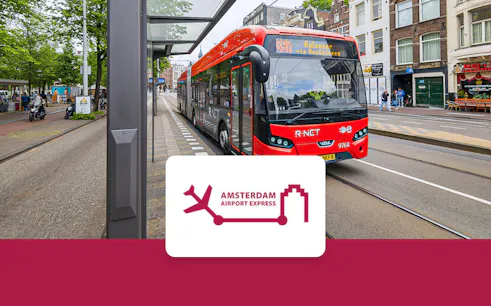 Amsterdam Airport Express bus at a city stop, connecting Schiphol Airport and Elandsgracht.