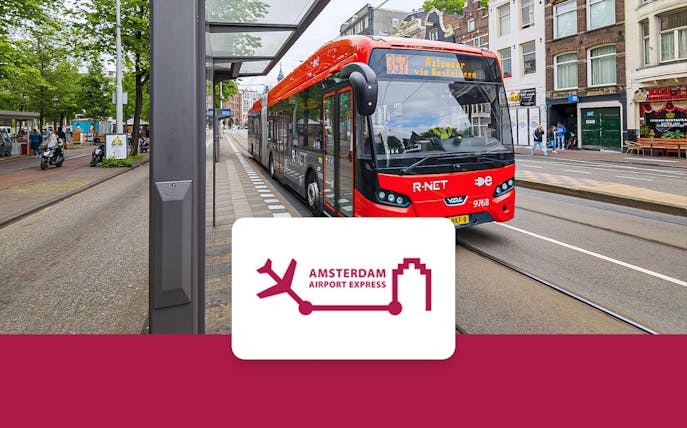 Amsterdam Airport Express bus at a city stop, connecting Schiphol Airport and Elandsgracht.