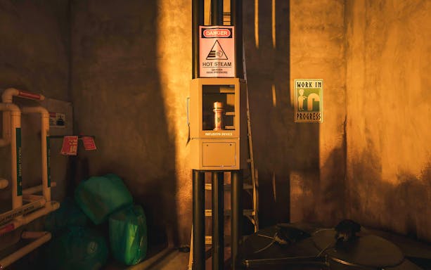 Infusion device and warning signs in a dimly lit room at Malaysia Breakout The Curve Spy Game.